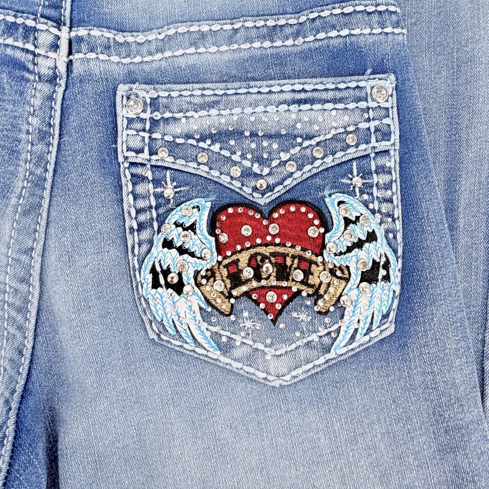 SKY Premium Collection Heart Wings Love Bling Rhinestone Bootcut Jeans 7/8 - Picture 2 of 6